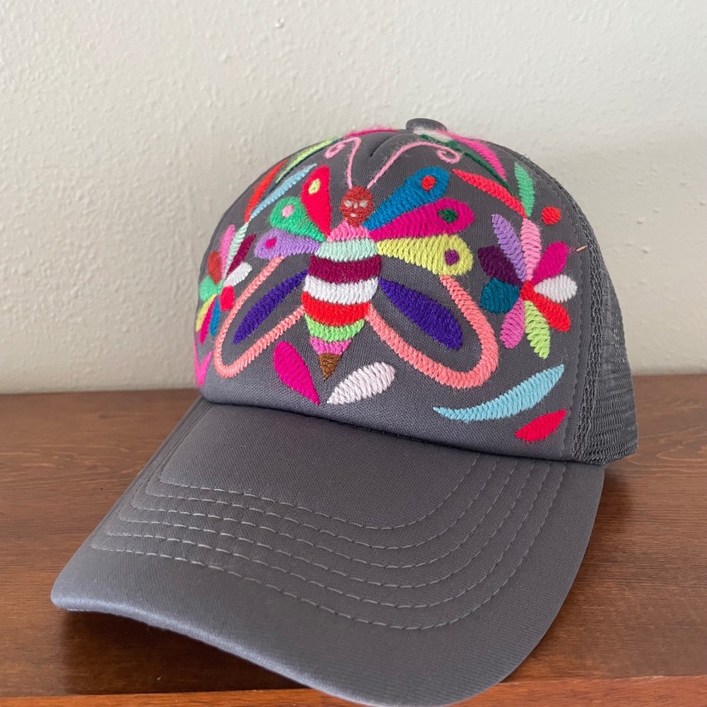 Hand Embroidered Baseball Hat Butterfly Floral Flower‎ One-Size Multicolor